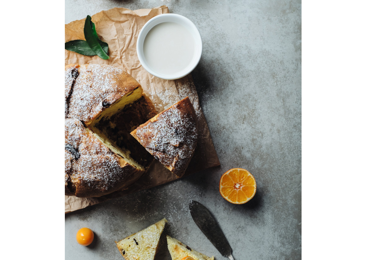 Panettone, traditional Italian Christmas cake. Top view with copy space-confectionery-bakery